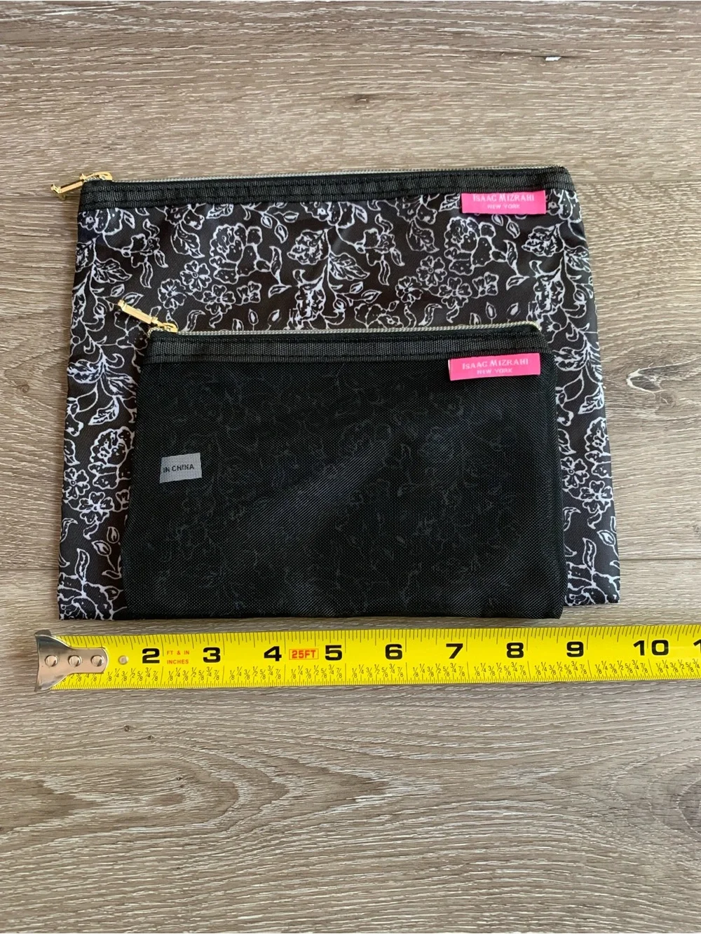 Isaac Mizrahi Black Floral Mesh and Zip Cosmetic Pouches with Pink Logo Tabs